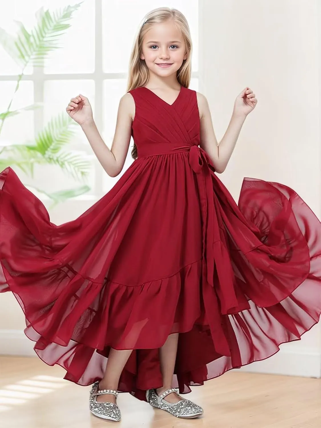 Junior Bridesmaid Dresses for Teen Girls High Low Ruffle Flower Girl Dress Chiffon V Neck Formal Gown