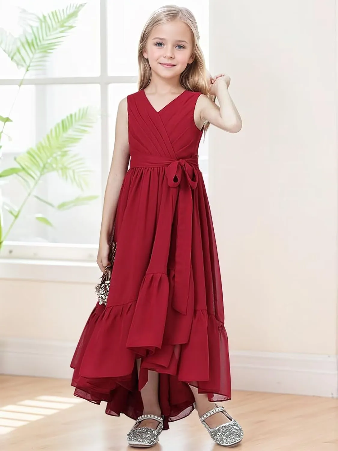 Junior Bridesmaid Dresses for Teen Girls High Low Ruffle Flower Girl Dress Chiffon V Neck Formal Gown