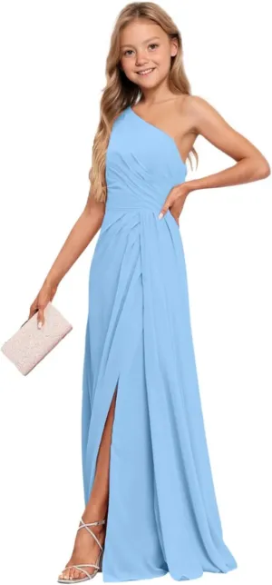 Junior Bridesmaid Dresses for Wedding Chiffon One Shoulder Flower Girl Dress Long Party Pageant Gowns