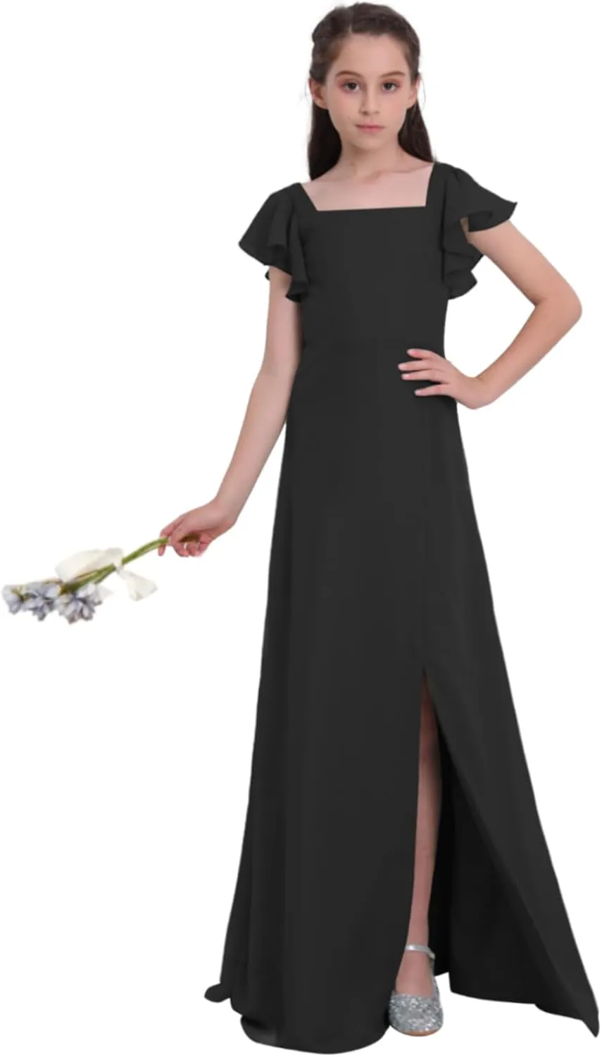 Junior Girls Bridesmaid Dress for Wedding Chiffon Short Sleeve Flower Girl Dresses for Teens with Slit UJR010