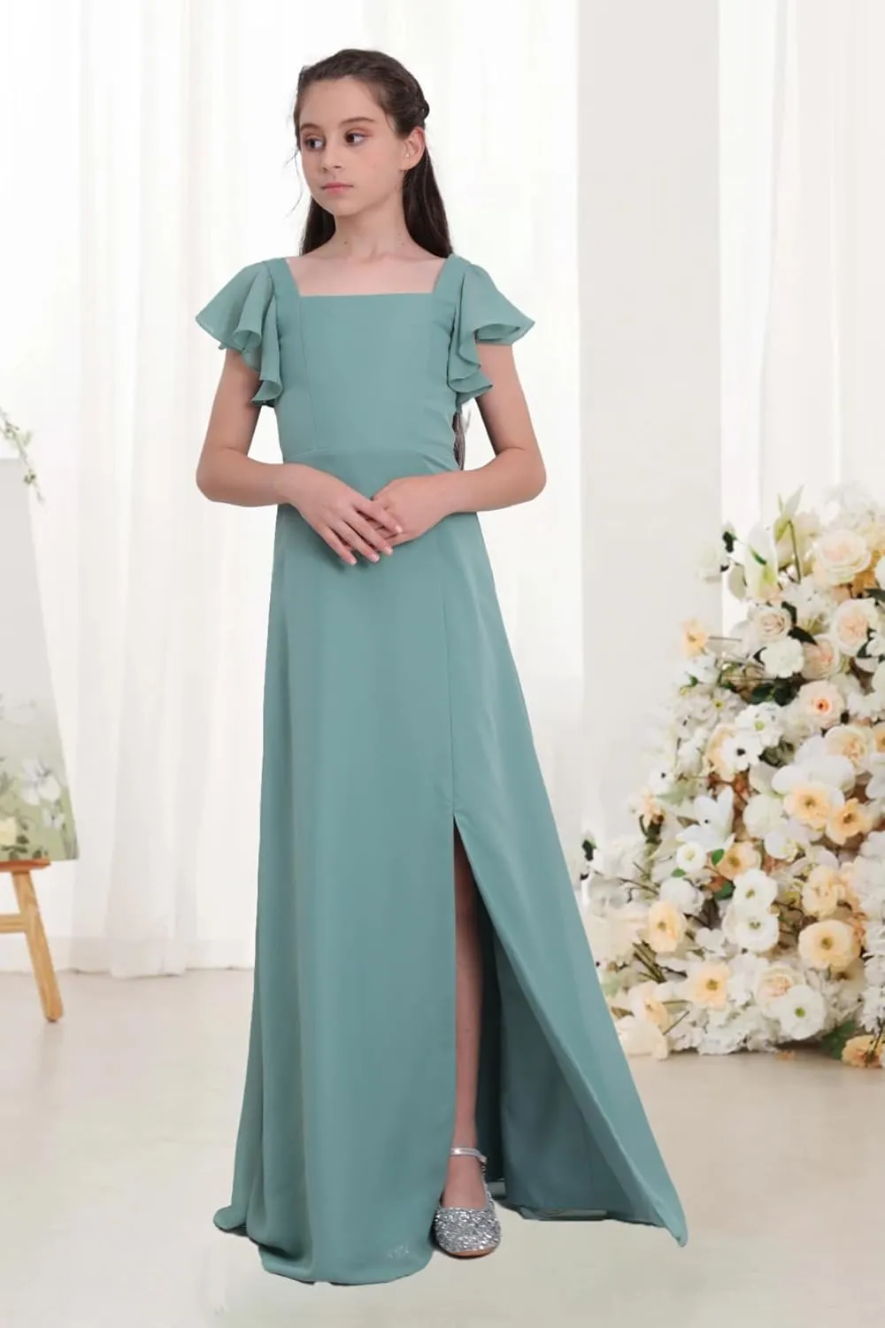 Junior Girls Bridesmaid Dress for Wedding Chiffon Short Sleeve Flower Girl Dresses for Teens with Slit UJR010