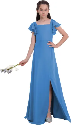 Junior Girls Bridesmaid Dress for Wedding Chiffon Short Sleeve Flower Girl Dresses for Teens with Slit UJR010