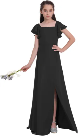 Junior Girls Bridesmaid Dress for Wedding Chiffon Short Sleeve Flower Girl Dresses for Teens with Slit UJR010