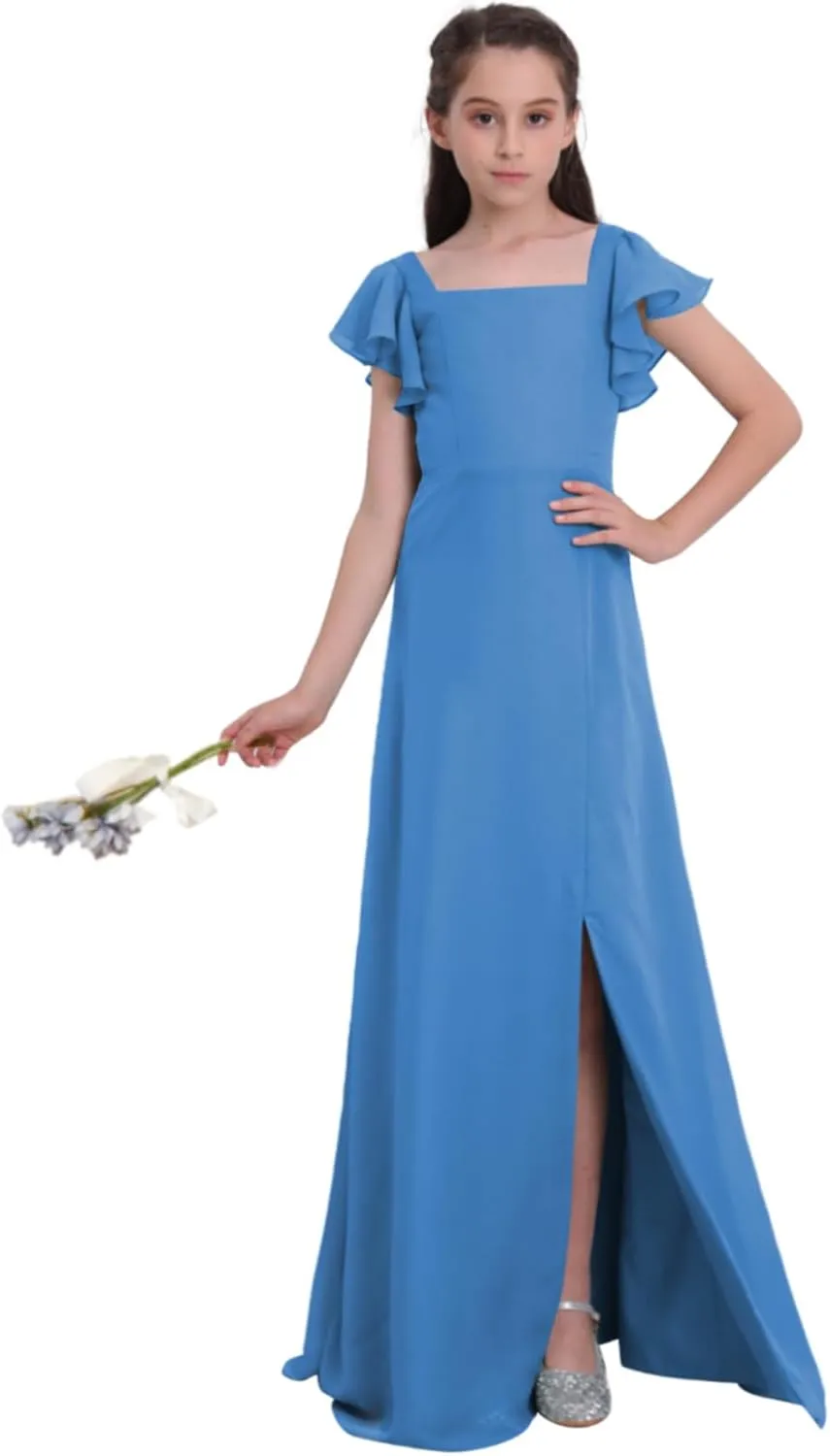 Junior Girls Bridesmaid Dress for Wedding Chiffon Short Sleeve Flower Girl Dresses for Teens with Slit UJR010
