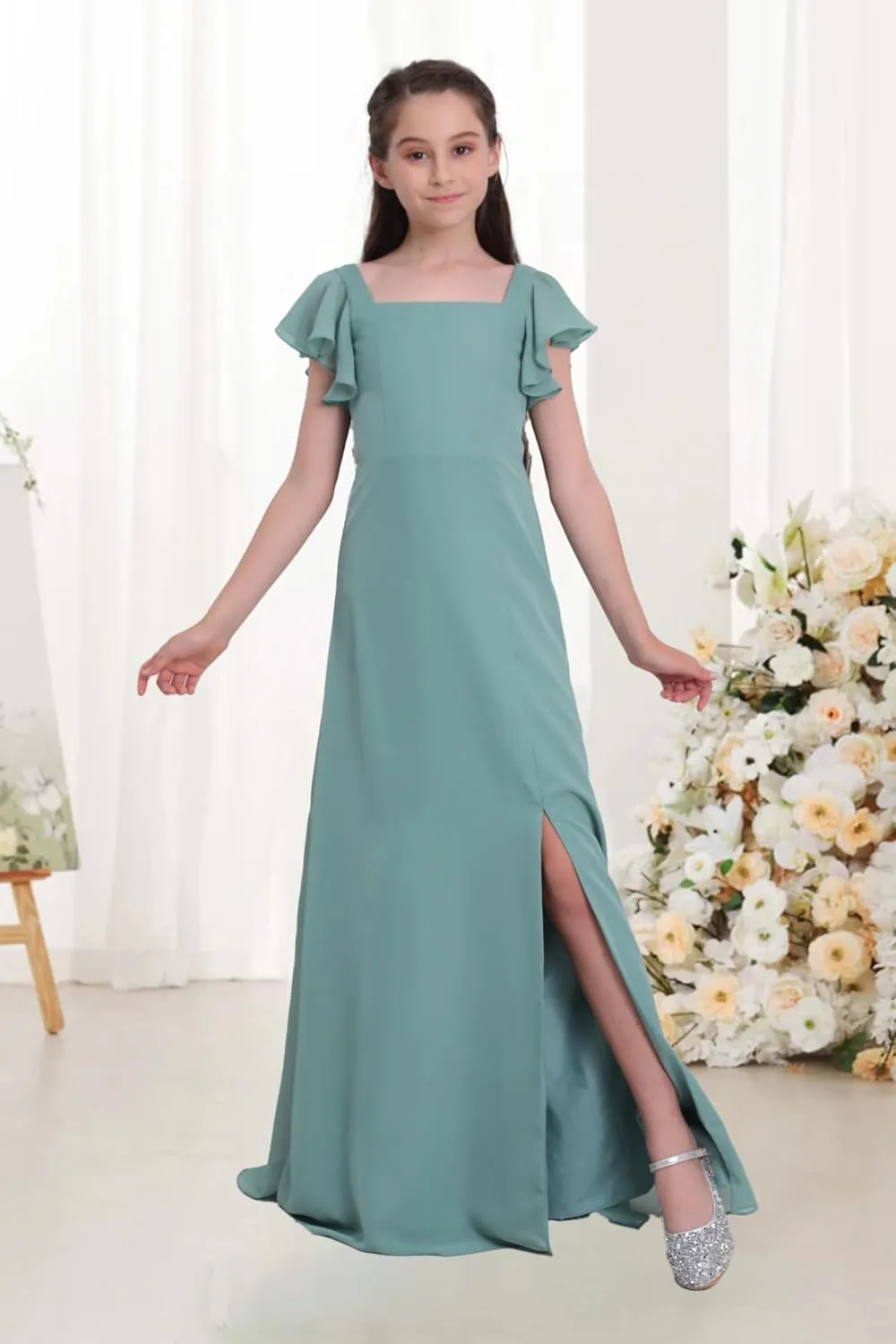 Junior Girls Bridesmaid Dress for Wedding Chiffon Short Sleeve Flower Girl Dresses for Teens with Slit UJR010
