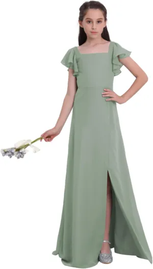 Junior Girls Bridesmaid Dress for Wedding Chiffon Short Sleeve Flower Girl Dresses for Teens with Slit UJR010