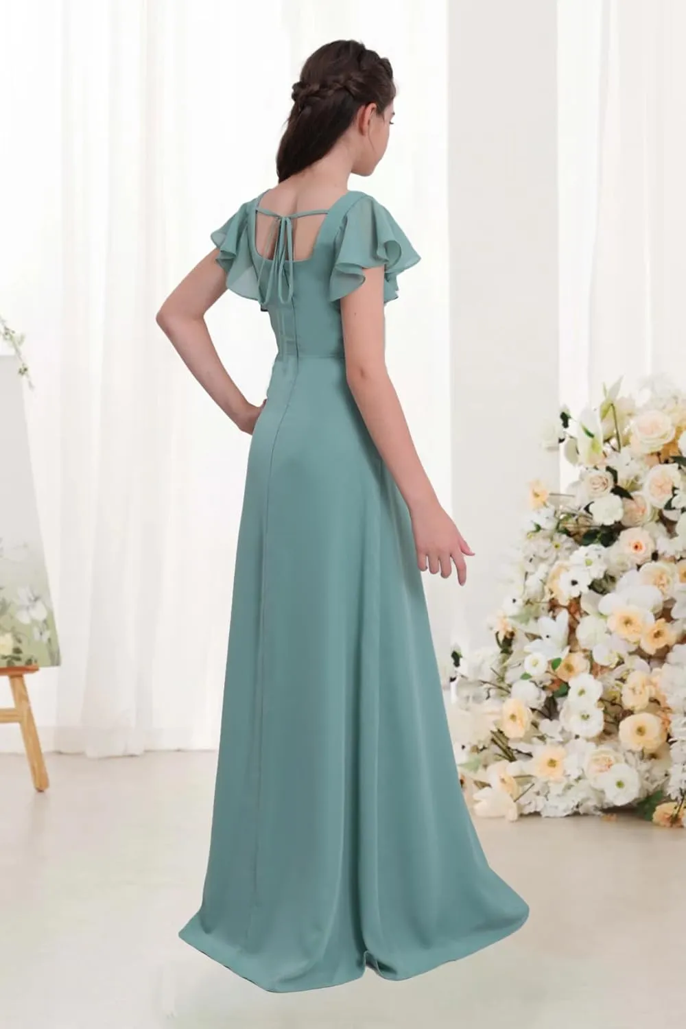 Junior Girls Bridesmaid Dress for Wedding Chiffon Short Sleeve Flower Girl Dresses for Teens with Slit UJR010