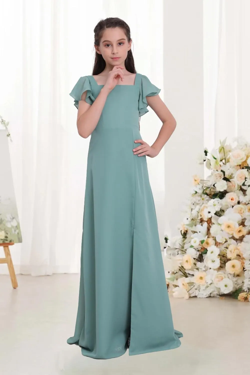Junior Girls Bridesmaid Dress for Wedding Chiffon Short Sleeve Flower Girl Dresses for Teens with Slit UJR010