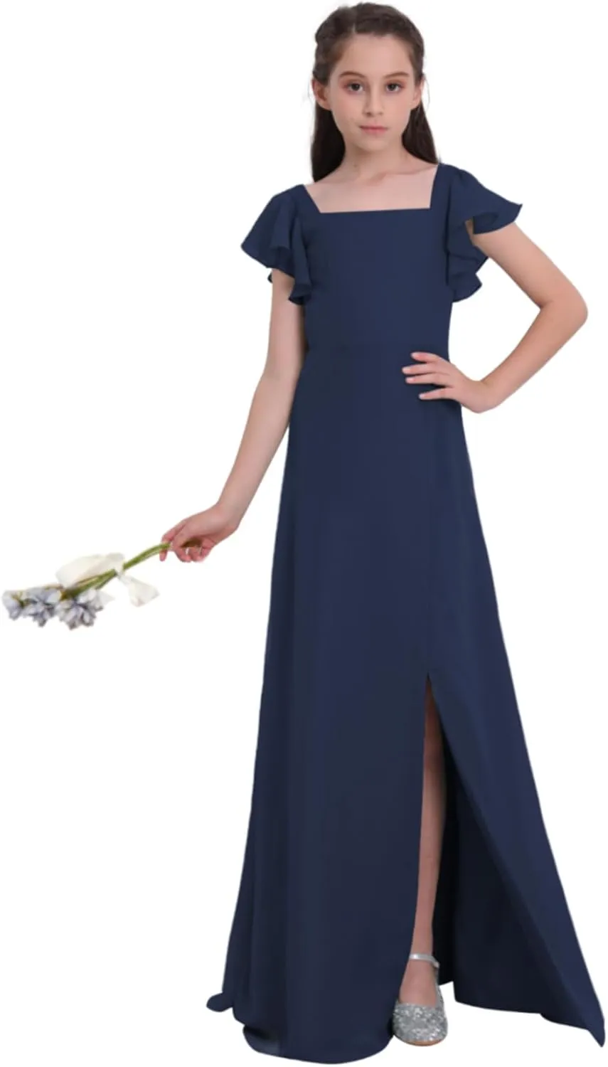 Junior Girls Bridesmaid Dress for Wedding Chiffon Short Sleeve Flower Girl Dresses for Teens with Slit UJR010