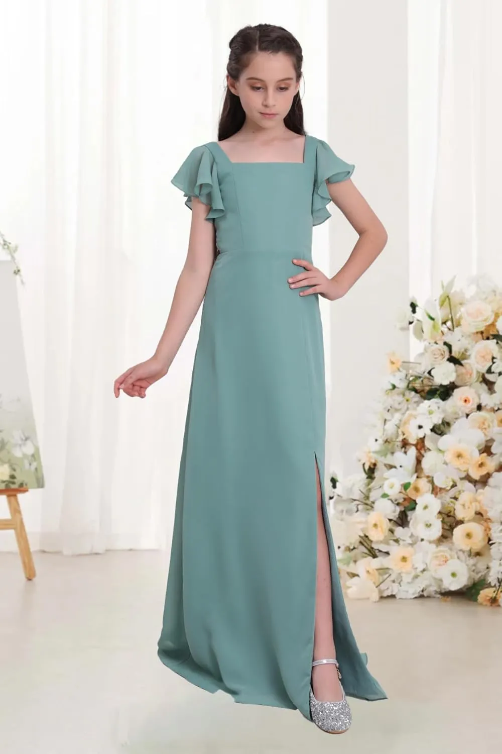 Junior Girls Bridesmaid Dress for Wedding Chiffon Short Sleeve Flower Girl Dresses for Teens with Slit UJR010