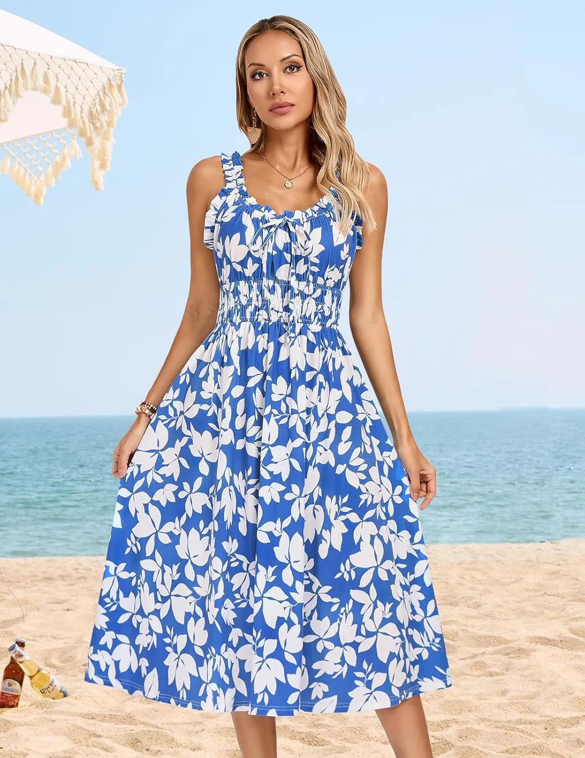Kate Kasin Womens Dresses Floral Boho Casual Ruffle Sleeveless Square Neck A Line Beach Vacation Swing Midi Sundress