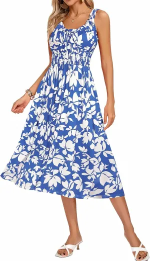 Kate Kasin Womens Dresses Floral Boho Casual Ruffle Sleeveless Square Neck A Line Beach Vacation Swing Midi Sundress