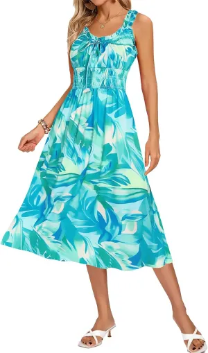 Kate Kasin Womens Dresses Floral Boho Casual Ruffle Sleeveless Square Neck A Line Beach Vacation Swing Midi Sundress