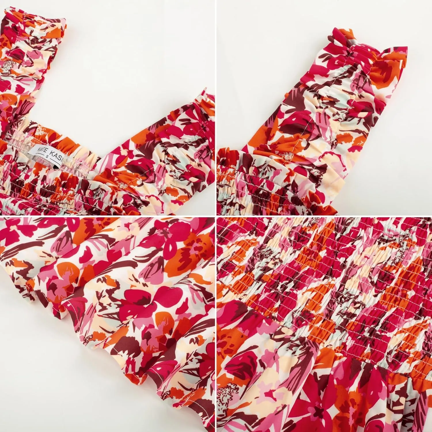 Kate Kasin Women's Summer Casual Dress Sleeveless Floral Flowy Smocked A-line Sundress Boho Mini Dresses