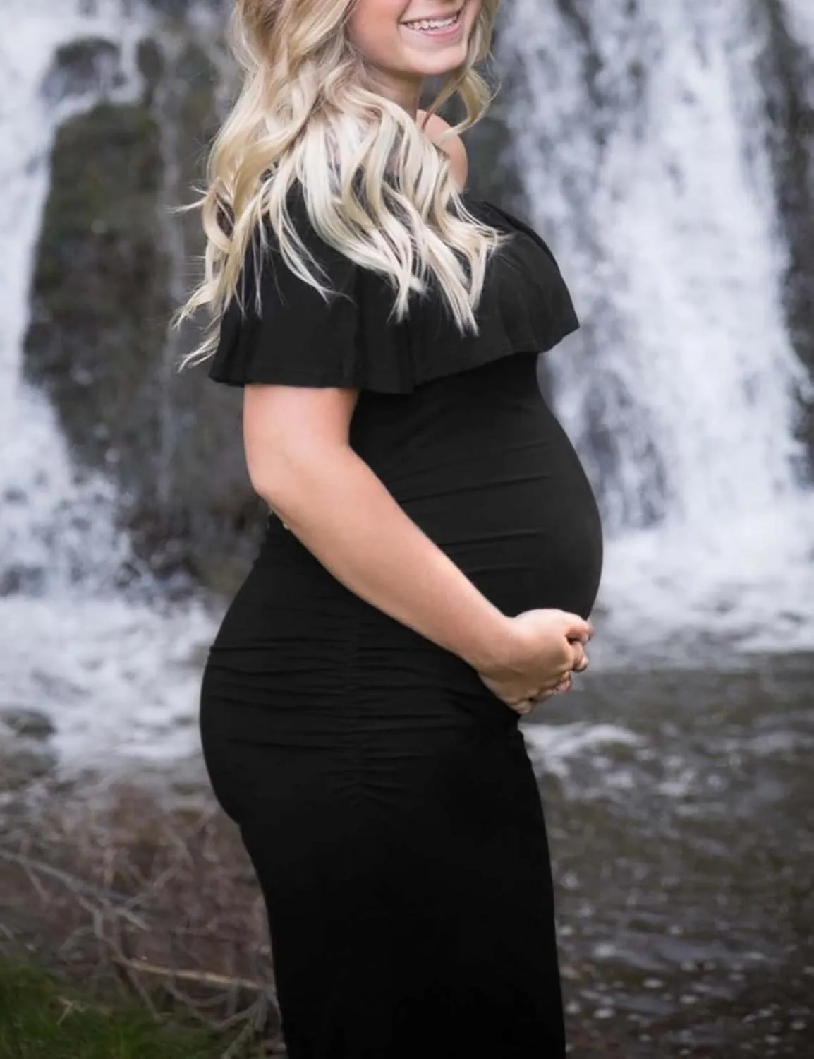 KIM S Off Shoulder Ruffle Sleeveless Maternity Dress(S-XXL), Bodycon Dress for Baby Shower Photoshoot