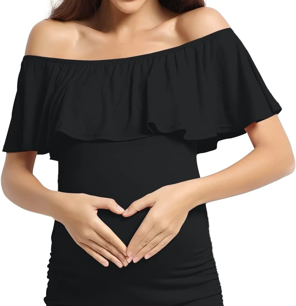 KIM S Off Shoulder Ruffle Sleeveless Maternity Dress(S-XXL), Bodycon Dress for Baby Shower Photoshoot