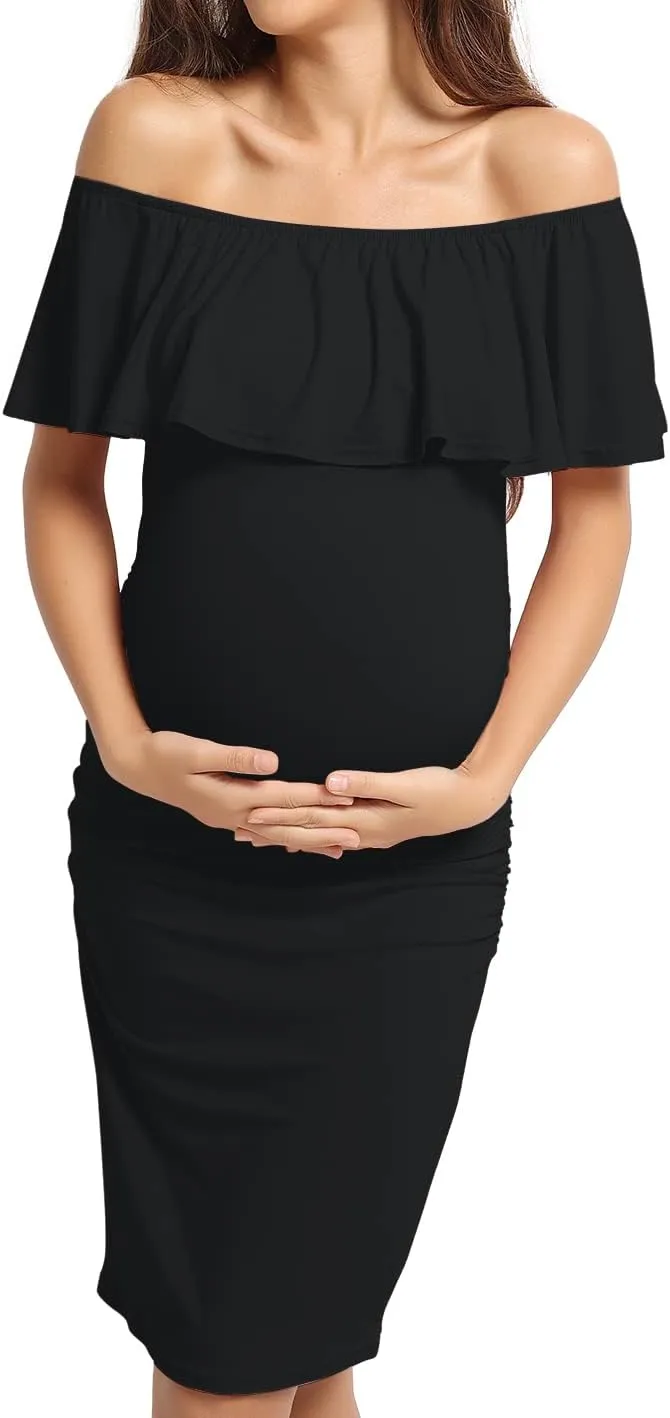 KIM S Off Shoulder Ruffle Sleeveless Maternity Dress(S-XXL), Bodycon Dress for Baby Shower Photoshoot