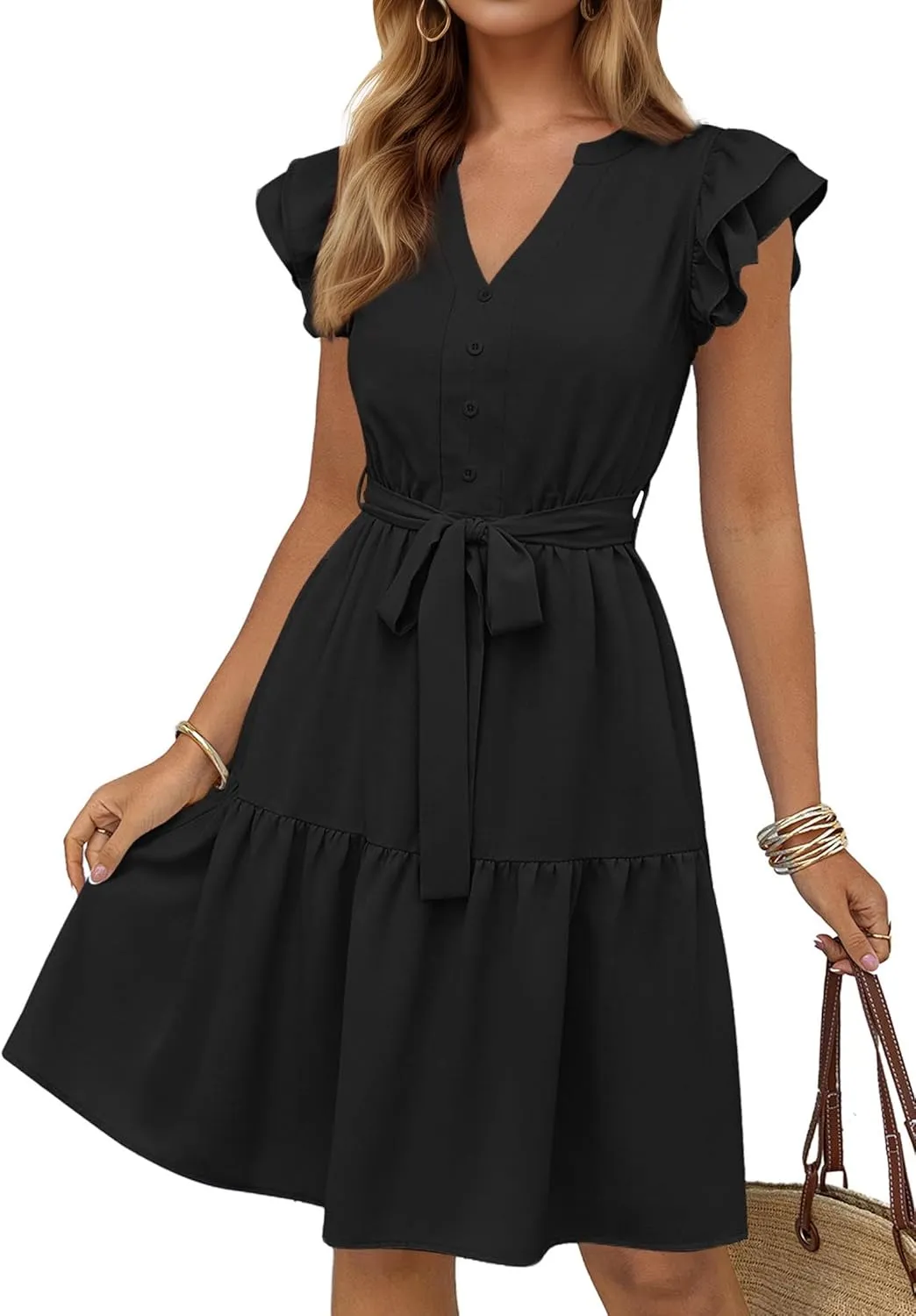 KIRUNDO Women Flutter Sleeve Summer Dress 2025 Spring V Neck Ruffle Flowy Tiered Knee Length Belted Beach Vacation Sundress
