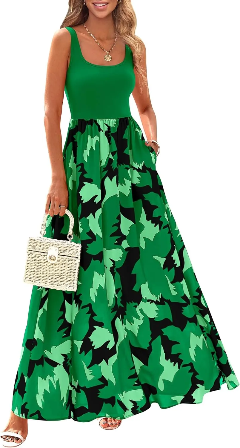 KIRUNDO Women Summer Sleeveless Boho Floral Maxi Dress 2025 Scoop Neck Tank A Line Flowy Beach Wedding Vacation Sundress
