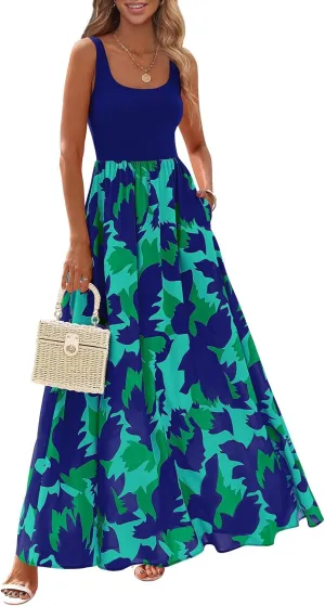 KIRUNDO Women Summer Sleeveless Boho Floral Maxi Dress 2025 Scoop Neck Tank A Line Flowy Beach Wedding Vacation Sundress