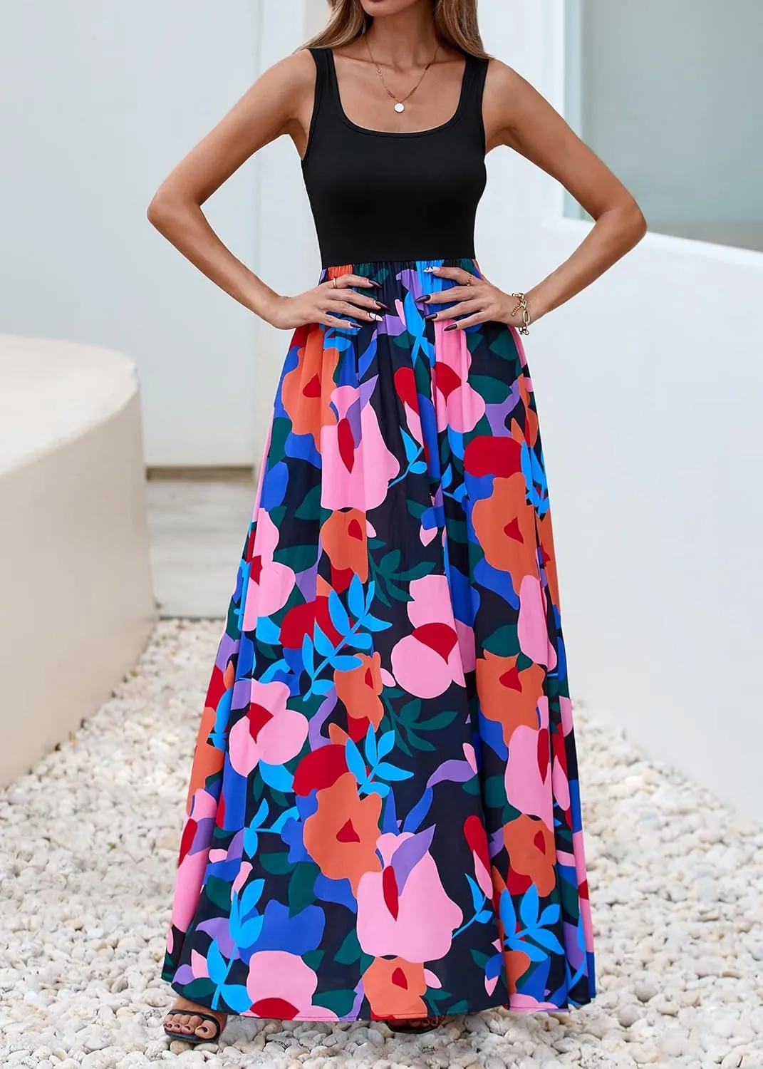 KIRUNDO Women Summer Sleeveless Boho Floral Maxi Dress 2025 Scoop Neck Tank A Line Flowy Beach Wedding Vacation Sundress