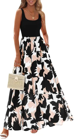 KIRUNDO Women Summer Sleeveless Boho Floral Maxi Dress 2025 Scoop Neck Tank A Line Flowy Beach Wedding Vacation Sundress