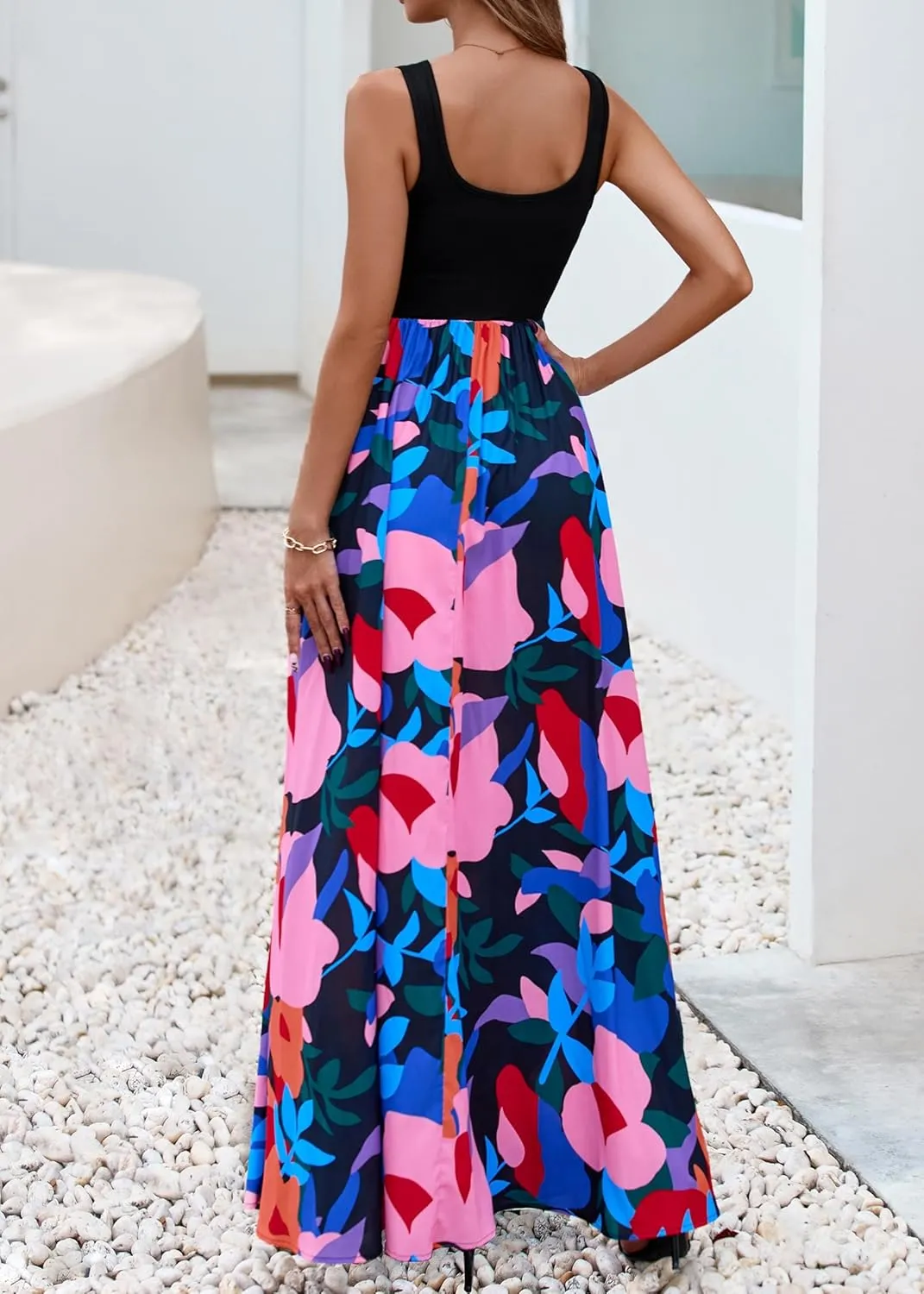 KIRUNDO Women Summer Sleeveless Boho Floral Maxi Dress 2025 Scoop Neck Tank A Line Flowy Beach Wedding Vacation Sundress
