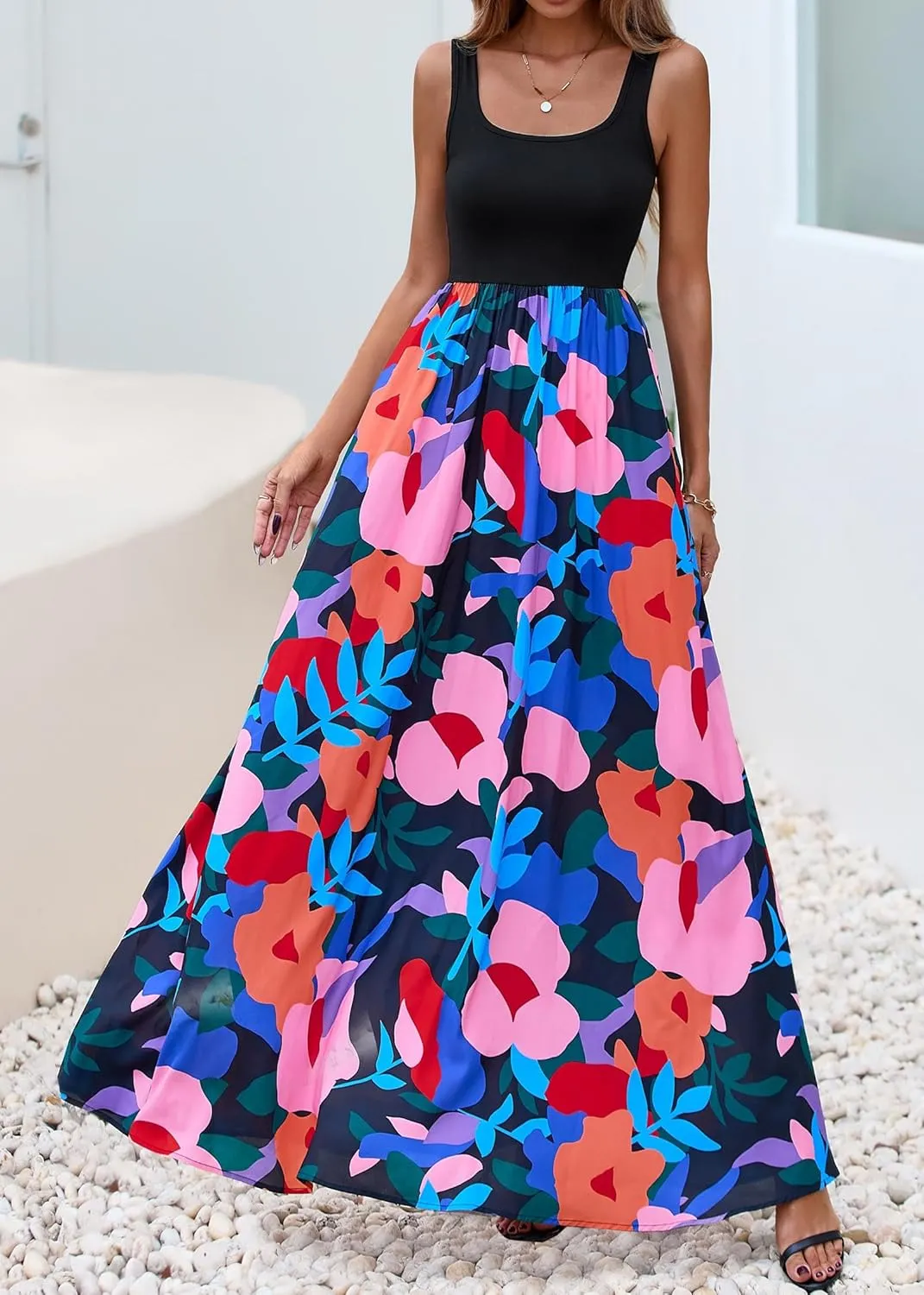 KIRUNDO Women Summer Sleeveless Boho Floral Maxi Dress 2025 Scoop Neck Tank A Line Flowy Beach Wedding Vacation Sundress