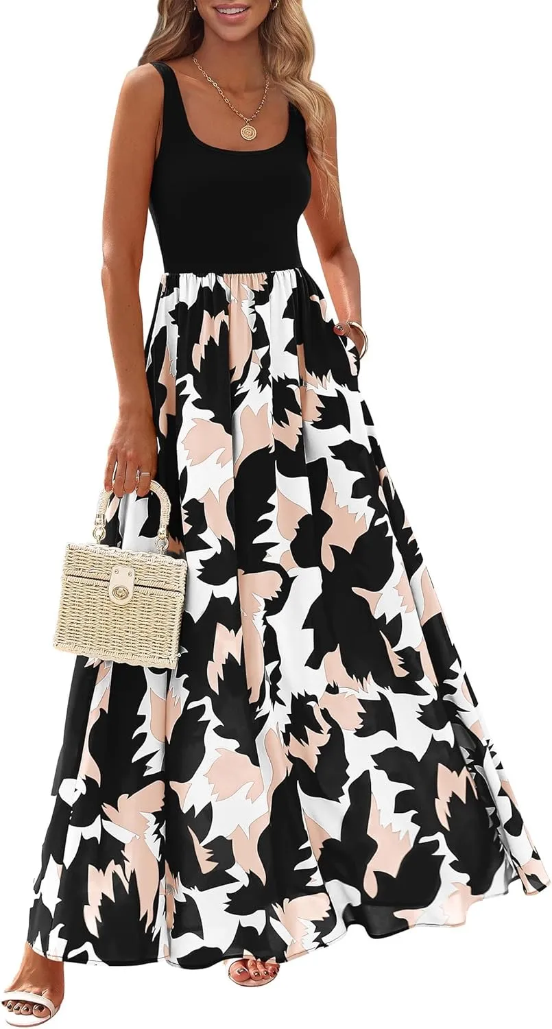 KIRUNDO Women Summer Sleeveless Boho Floral Maxi Dress 2025 Scoop Neck Tank A Line Flowy Beach Wedding Vacation Sundress