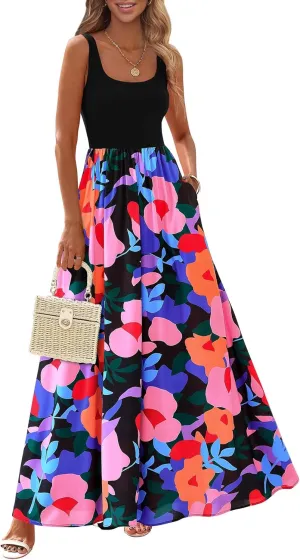 KIRUNDO Women Summer Sleeveless Boho Floral Maxi Dress 2025 Scoop Neck Tank A Line Flowy Beach Wedding Vacation Sundress