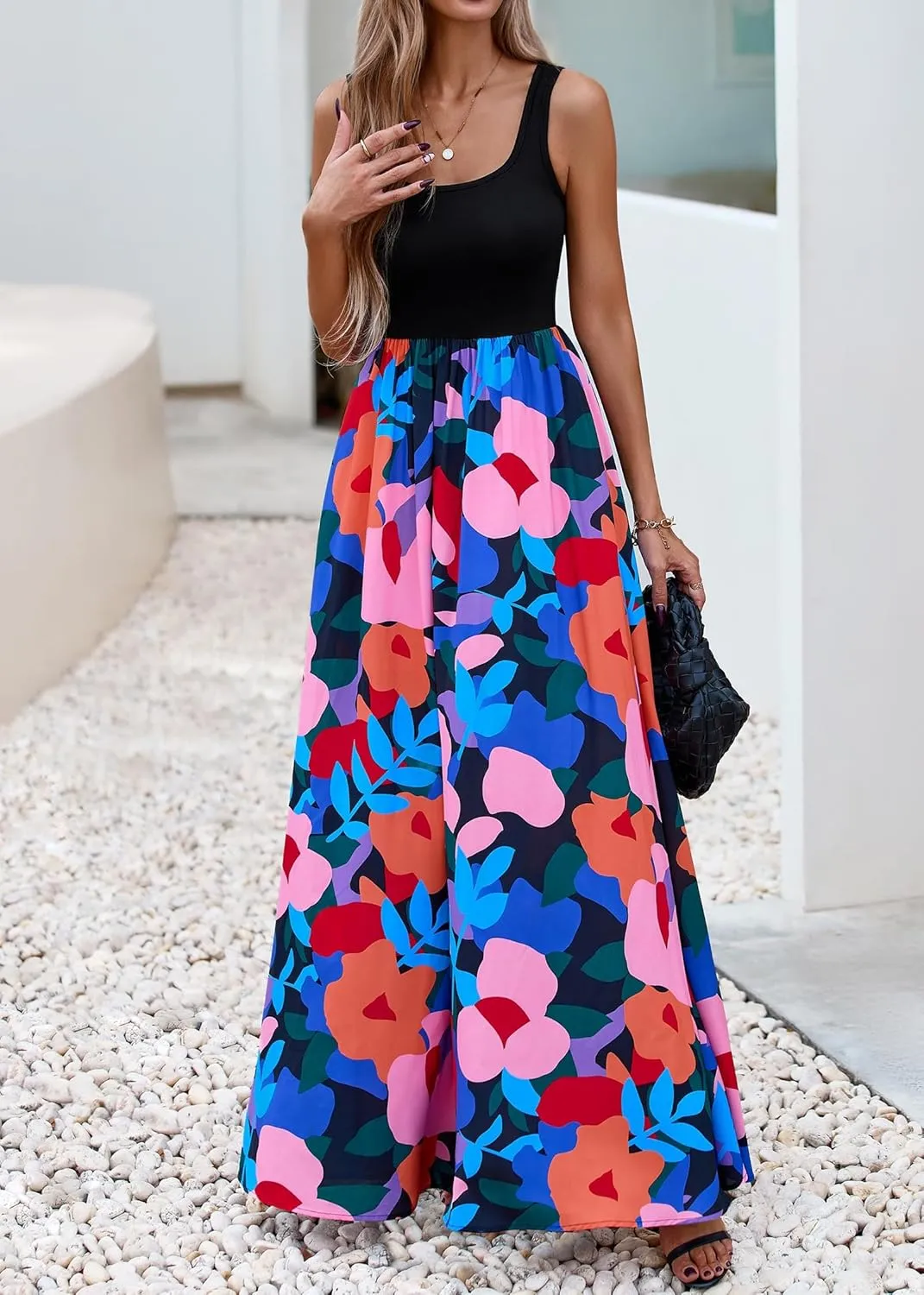 KIRUNDO Women Summer Sleeveless Boho Floral Maxi Dress 2025 Scoop Neck Tank A Line Flowy Beach Wedding Vacation Sundress