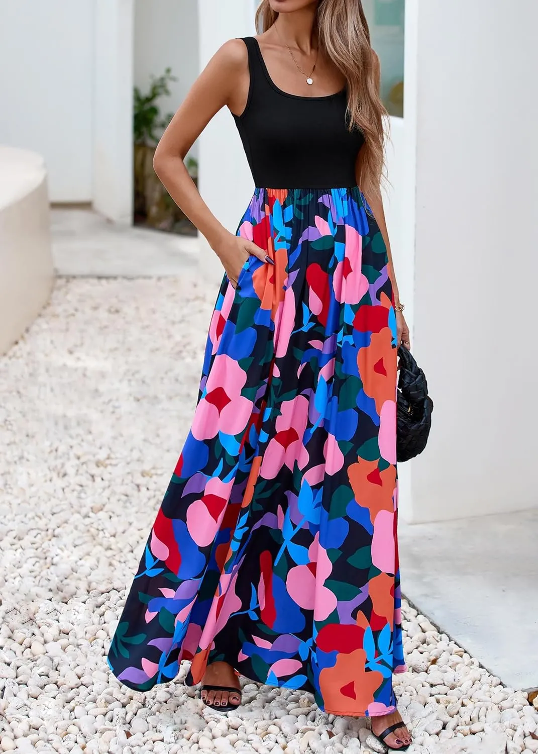 KIRUNDO Women Summer Sleeveless Boho Floral Maxi Dress 2025 Scoop Neck Tank A Line Flowy Beach Wedding Vacation Sundress