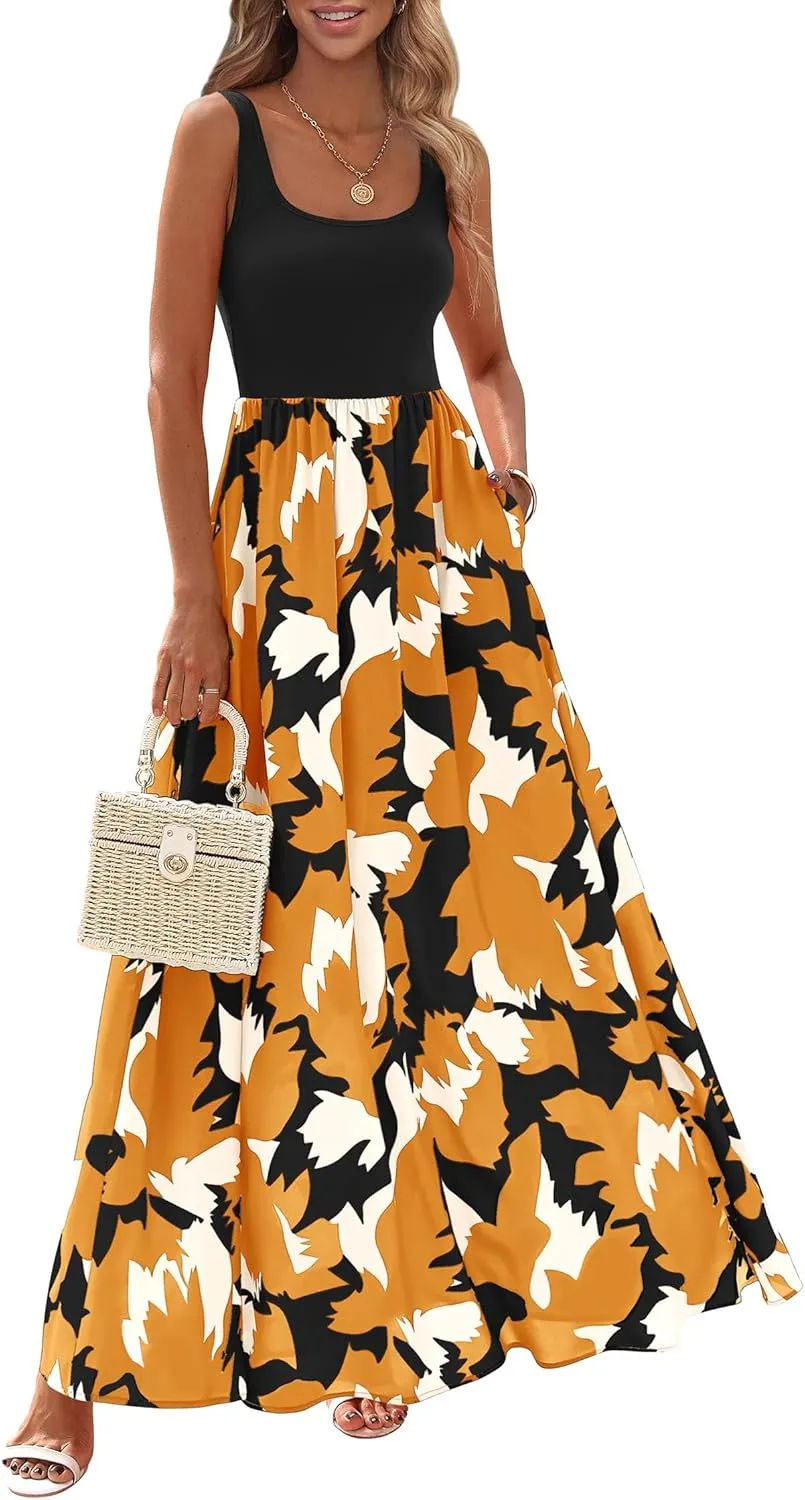 KIRUNDO Women Summer Sleeveless Boho Floral Maxi Dress 2025 Scoop Neck Tank A Line Flowy Beach Wedding Vacation Sundress