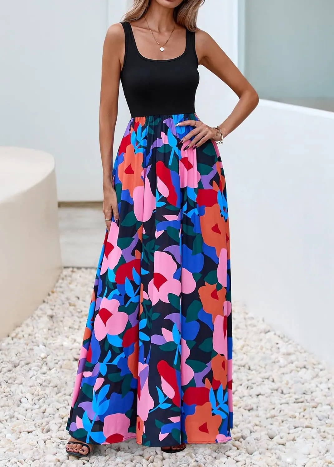 KIRUNDO Women Summer Sleeveless Boho Floral Maxi Dress 2025 Scoop Neck Tank A Line Flowy Beach Wedding Vacation Sundress