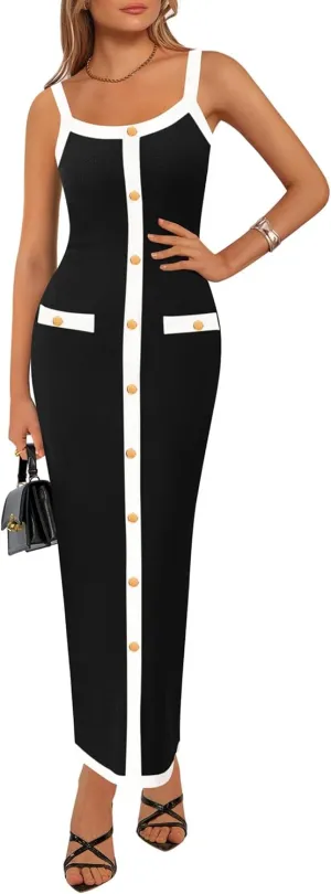 KIRUNDO Women's Semi Formal Business Casual Midi Dress 2025 Spring Summer Knit Color Block Button Work Office Dresses
