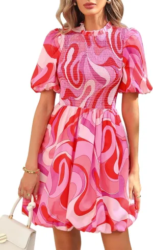 KIRUNDO Womens Summer Smocked Mini Dress 2025 Spring Puff Short Sleeve Boho Ruffle Crewneck Bubble A Line Short Dresses