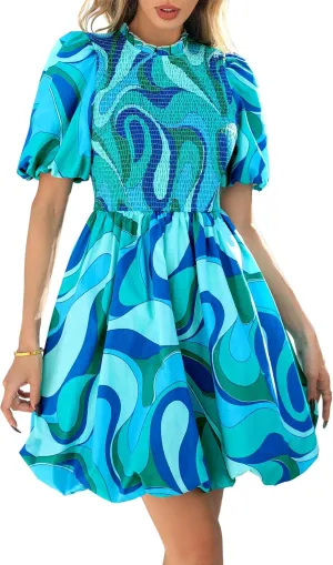 KIRUNDO Womens Summer Smocked Mini Dress 2025 Spring Puff Short Sleeve Boho Ruffle Crewneck Bubble A Line Short Dresses