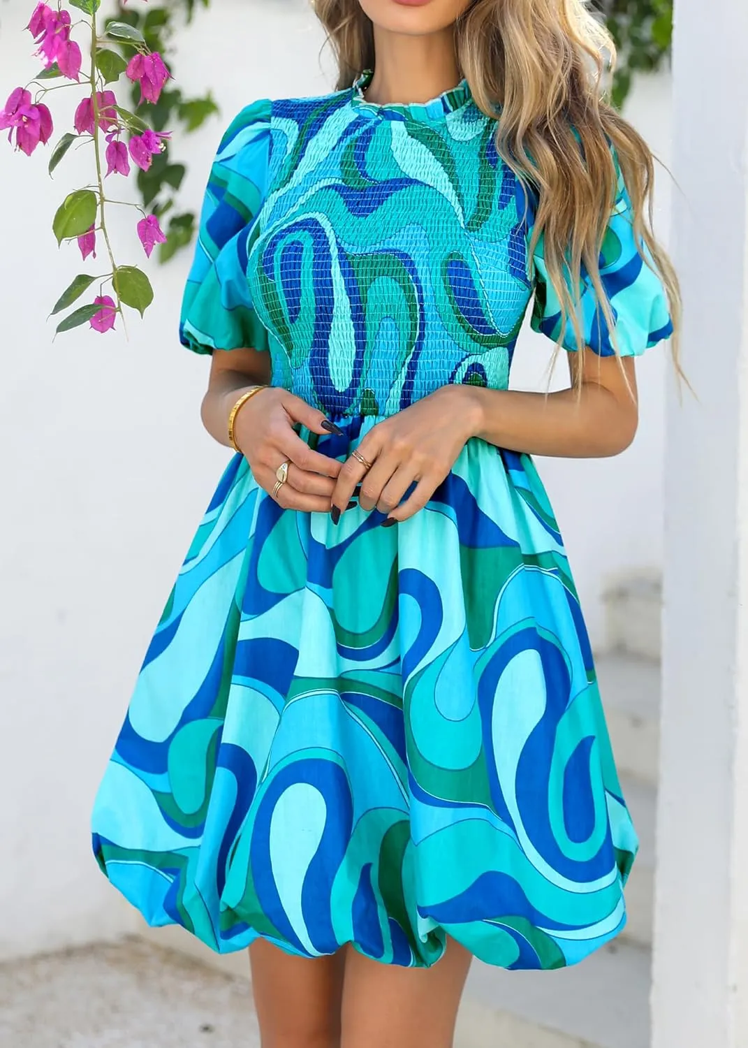 KIRUNDO Womens Summer Smocked Mini Dress 2025 Spring Puff Short Sleeve Boho Ruffle Crewneck Bubble A Line Short Dresses