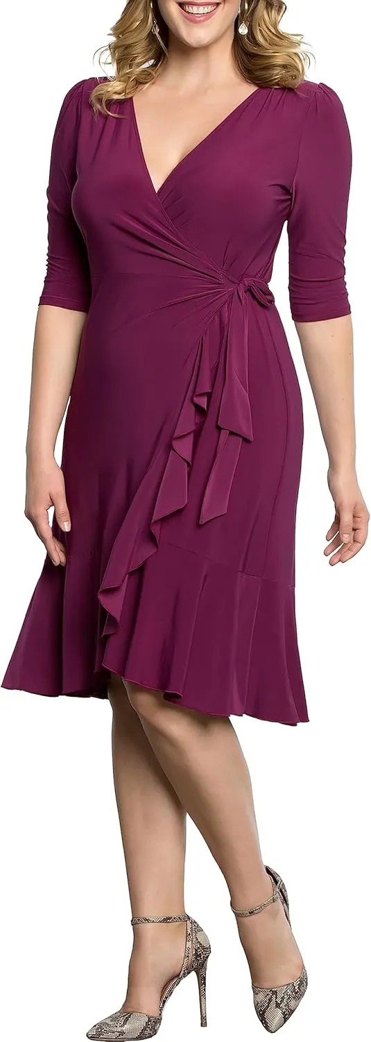 Kiyonna Plus Size Whimsy Ruffled Midi Wrap Dress with Sleeves - Cocktail, Party, Wedding Guest or Work