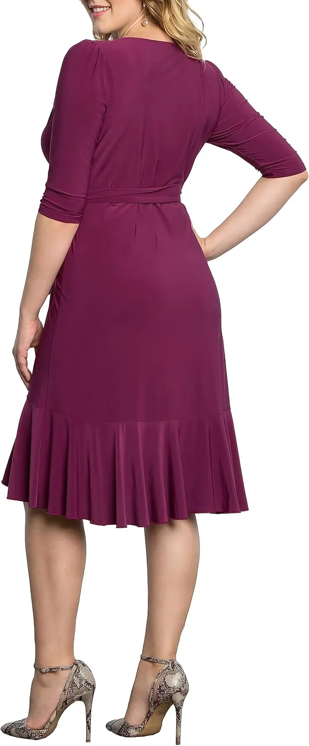 Kiyonna Plus Size Whimsy Ruffled Midi Wrap Dress with Sleeves - Cocktail, Party, Wedding Guest or Work