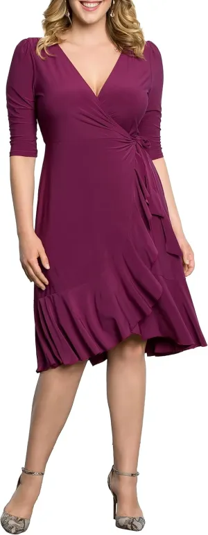 Kiyonna Plus Size Whimsy Ruffled Midi Wrap Dress with Sleeves - Cocktail, Party, Wedding Guest or Work