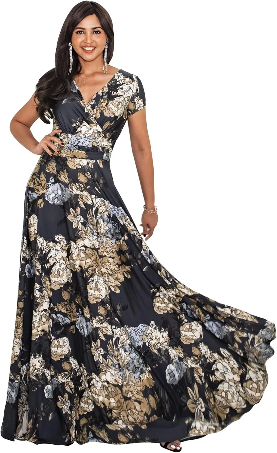 KOH KOH Womens Long Floral Print Cap Sleeve Modest Flowy Summer Maxi Dress Gown