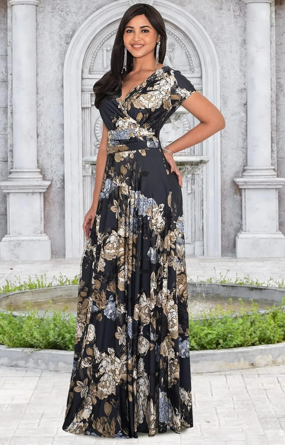 KOH KOH Womens Long Floral Print Cap Sleeve Modest Flowy Summer Maxi Dress Gown