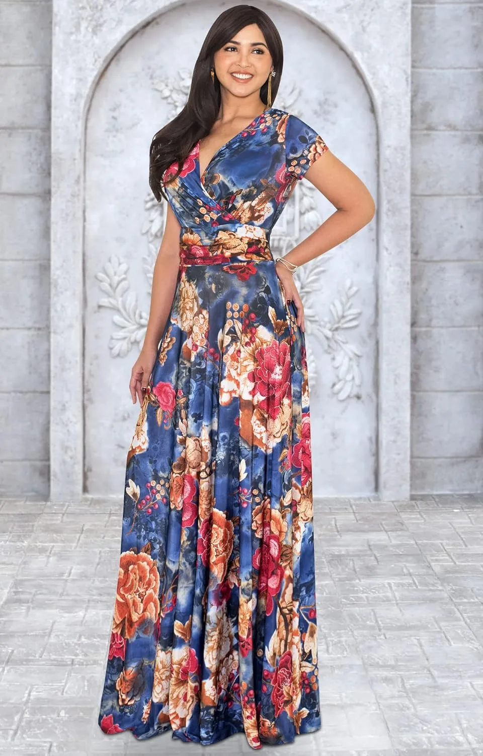 KOH KOH Womens Long Maxi Summer Floral Print Short Sleeve Flowy Modest Maxi Dress Gown
