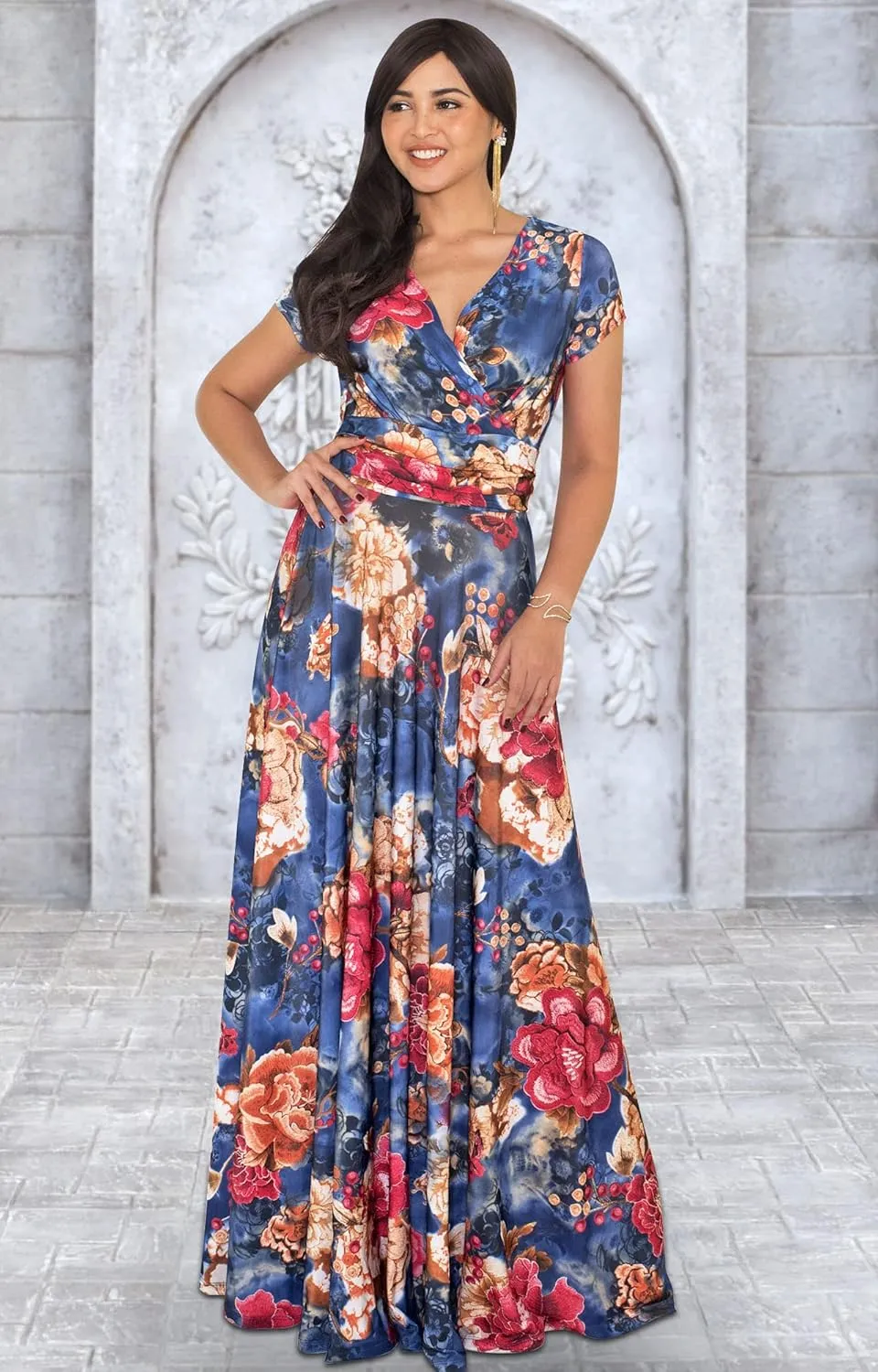 KOH KOH Womens Long Maxi Summer Floral Print Short Sleeve Flowy Modest Maxi Dress Gown