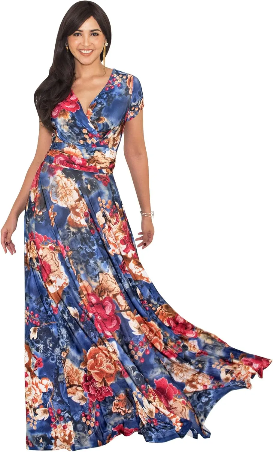 KOH KOH Womens Long Maxi Summer Floral Print Short Sleeve Flowy Modest Maxi Dress Gown