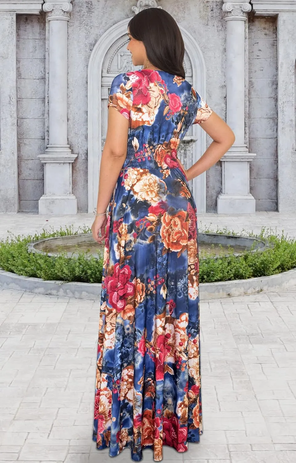 KOH KOH Womens Long Maxi Summer Floral Print Short Sleeve Flowy Modest Maxi Dress Gown