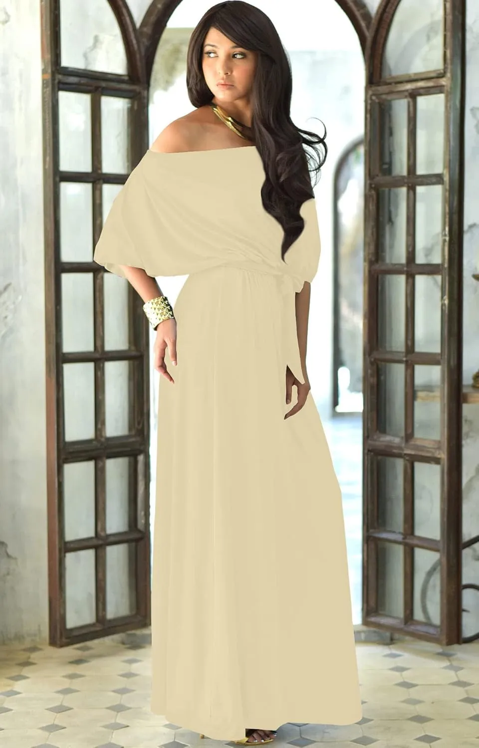 KOH KOH Womens Long Sexy One Shoulder Flowy Casual 3/4 Short Sleeve Maxi Dress