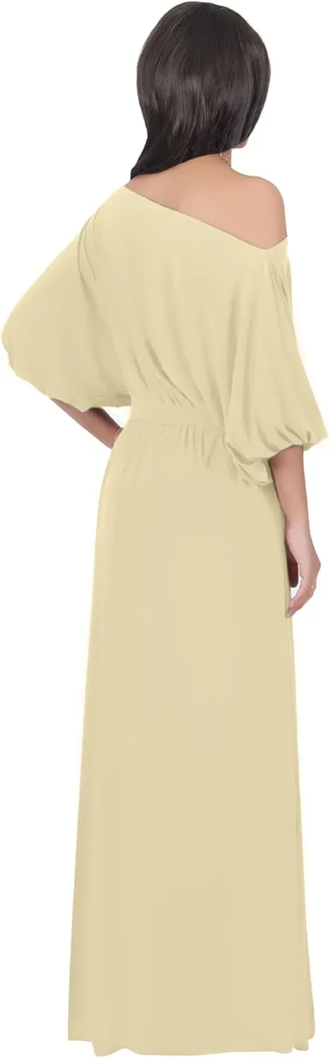 KOH KOH Womens Long Sexy One Shoulder Flowy Casual 3/4 Short Sleeve Maxi Dress