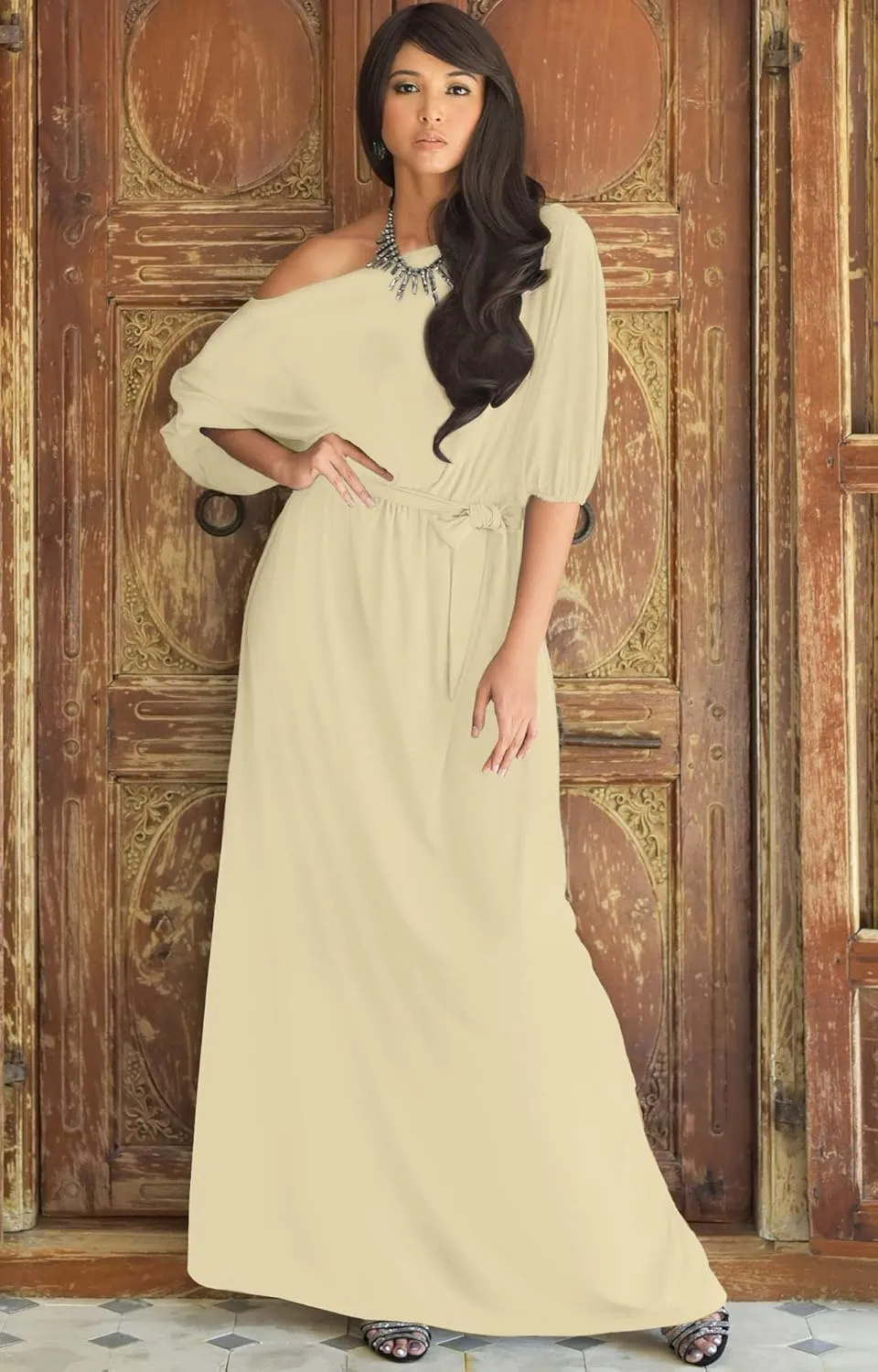 KOH KOH Womens Long Sexy One Shoulder Flowy Casual 3/4 Short Sleeve Maxi Dress